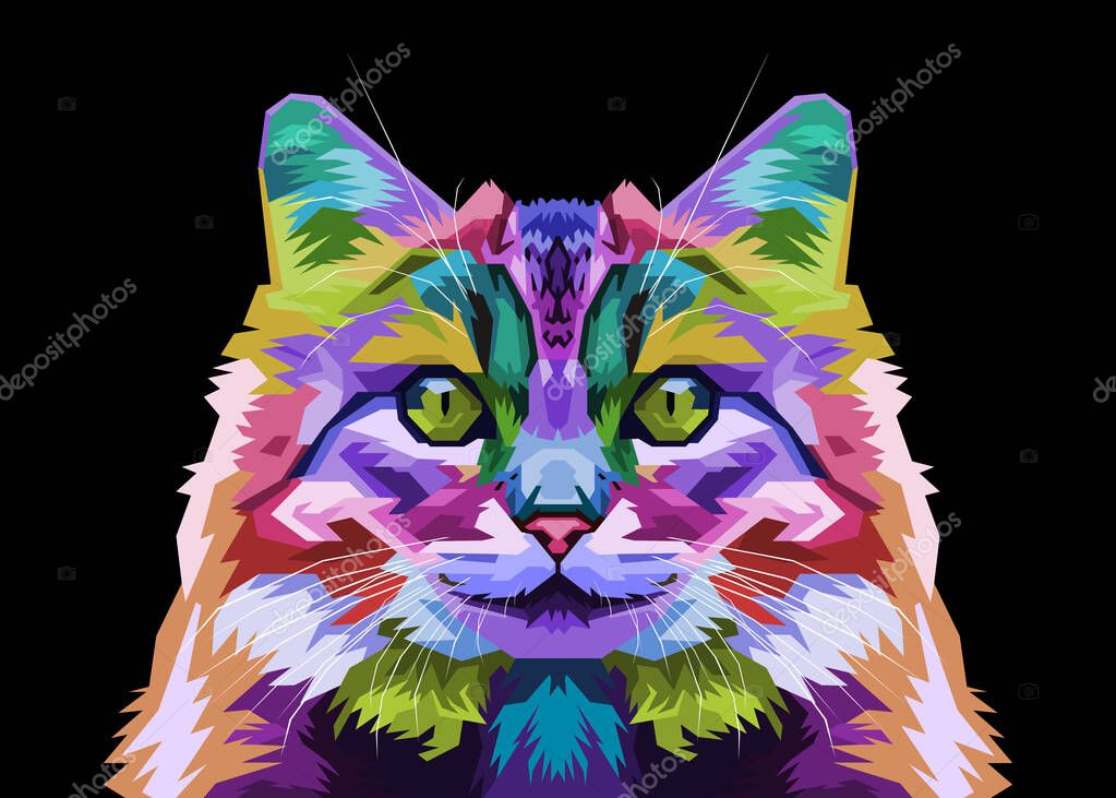 Colorful norwegian forest cat on pop art style. vector illustration.