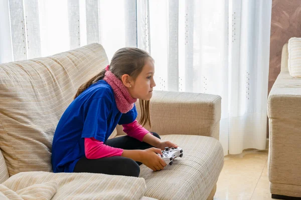 Pretty Girl Black Tights Blue Blouse Playing Video Games White — Stock Photo, Image