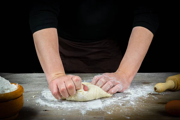 Man Hands Kneading Bread Dough Wooden Table Black Background Craft — Stock Photo, Image