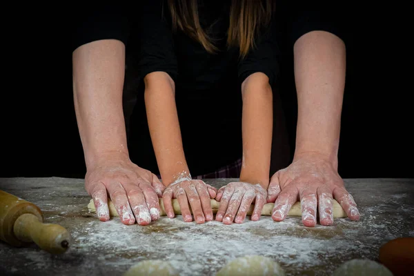 Hands Man Girl Kneading Bread Dough Wooden Table Black Background — Stock Photo, Image