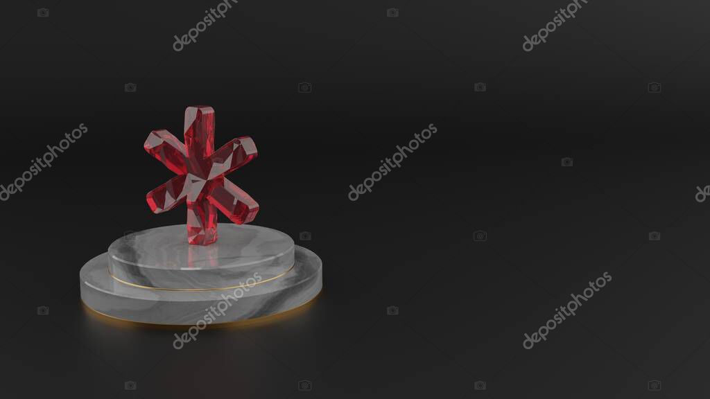 3D rendering of red gemstone symbol of asterisk on marble round pedestal with gold stripes on dark background with blurred reflection