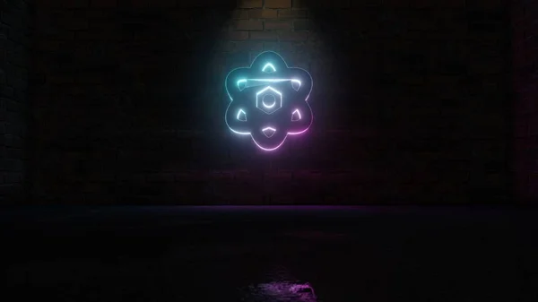 Rendu 3D du bleu violet néon symbole de l'icône de l'atome sur le mur de briques — Photo