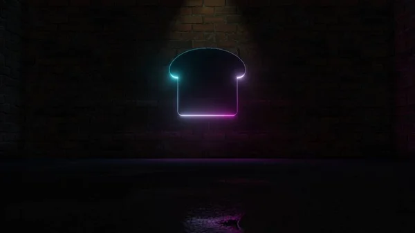 Redare 3D a simbolului albastru violet neon al pictogramei felie de pâine pe peretele de cărămidă — Fotografie, imagine de stoc