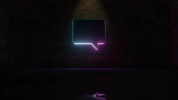3d weergave van blauw violet neon symbool van afgeronde chat zeepbel pictogram op bakstenen muur — Stockfoto