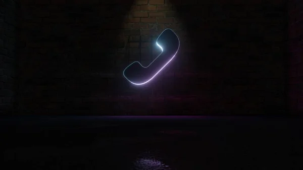 3D рендеринг синего фиолетового неонового символа иконки коммуникационного телефона на кирпичной стене — стоковое фото
