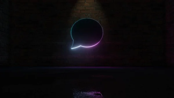 Representación en 3D del símbolo de neón violeta azul del icono de burbuja de chat redondeado en la pared de ladrillo —  Fotos de Stock