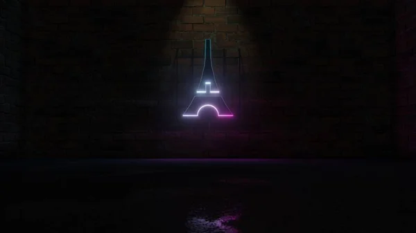 3D рендеринг синего фиолетового неонового символа иконки Эйфелевой башни на кирпичной стене — стоковое фото
