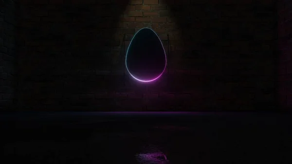 Representación en 3D del símbolo de neón violeta azul del icono del huevo en la pared de ladrillo —  Fotos de Stock
