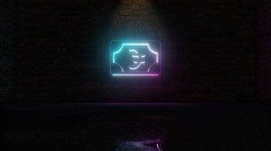 Tuğla duvarda Avro ikonunun 3D mavi menekşe neon sembolü