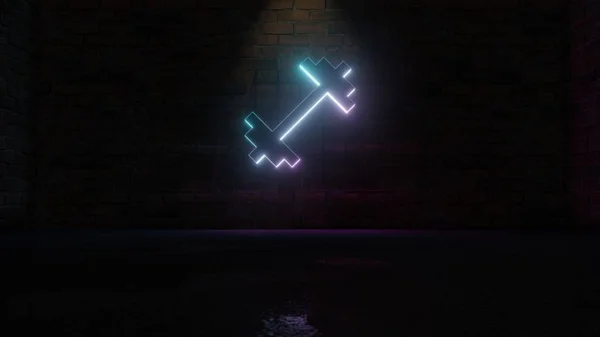 レンガの壁にダンベルのアイコンの青紫色のネオンシンボルの3Dレンダリング — ストック写真