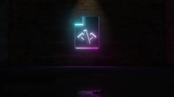 3d renderowanie niebieski fioletowy neon symbol ikony kodu pliku na ścianie z cegły — Zdjęcie stockowe