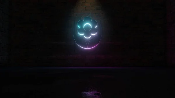 Representación en 3D del símbolo de neón violeta azul del icono de la flor en la pared de ladrillo —  Fotos de Stock