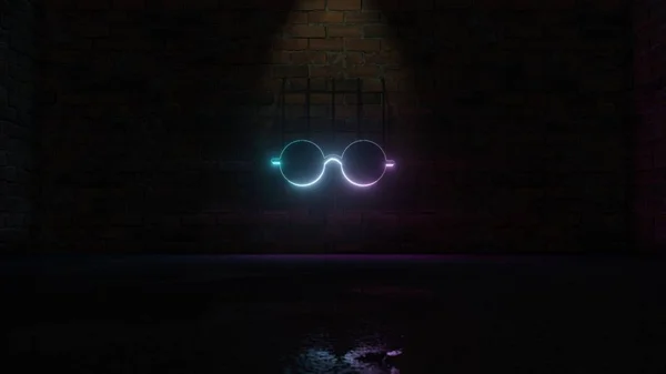 Representación en 3D del símbolo de neón azul violeta del icono de gafas en la pared de ladrillo —  Fotos de Stock