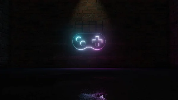 3d renderowanie niebieski fioletowy neon symbol ikony gamepad na ścianie z cegły — Zdjęcie stockowe