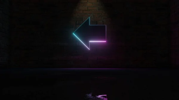 3D rendering of blue violet neon symbol of forward right arrow button icon on brick wall — 스톡 사진