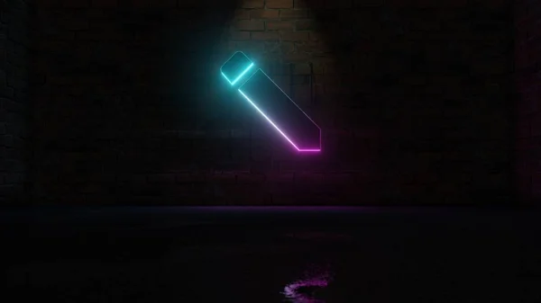 3d renderowanie niebieski fioletowy neon symbol tworzenia nowej ikony ołówka na ścianie z cegły — Zdjęcie stockowe