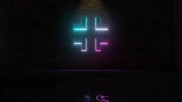 レンガの壁に出口アイコンの青紫色のネオンシンボルの3Dレンダリング — ストック写真