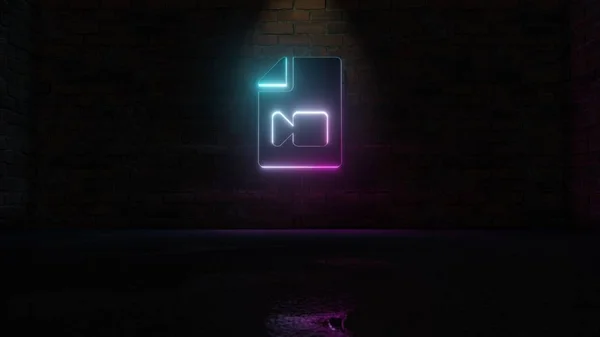 3D renderização de azul símbolo de néon violeta de arquivo ícone de vídeo na parede de tijolo — Fotografia de Stock