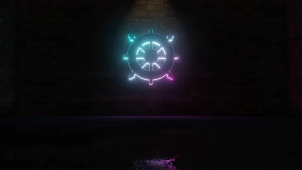 3d renderowanie niebieski fioletowy neon symbol ikony steru na ścianie z cegły — Zdjęcie stockowe
