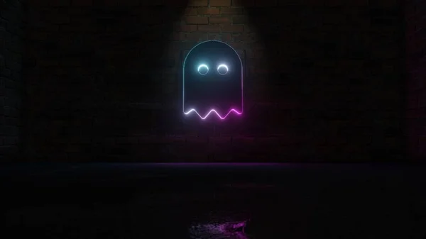 3D rendering of blue violet neon symbol of ghost icon on brick wall — 스톡 사진