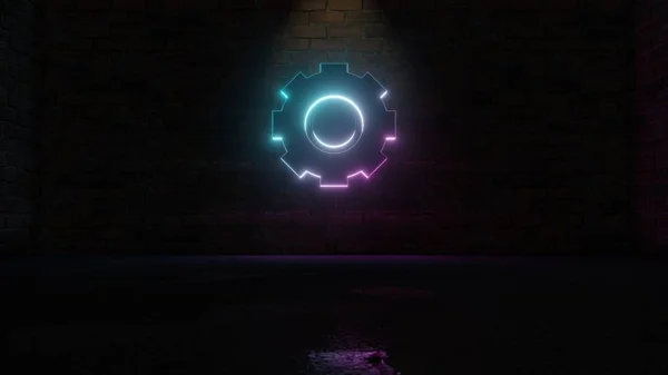 3D rendering of blue violet neon symbol of gear  icon on brick wall — 스톡 사진