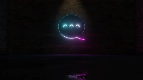 Representación en 3D del símbolo de neón violeta azul del icono de burbuja de chat redondeado en la pared de ladrillo —  Fotos de Stock