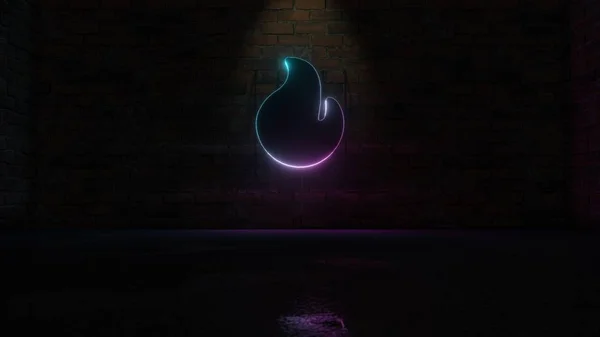 3D rendering of blue violet neon symbol of fire icon on brick wall — 스톡 사진