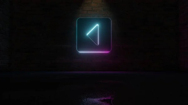 レンガの壁にケアの正方形の右のアイコンの青紫色のネオンシンボルの3Dレンダリング — ストック写真