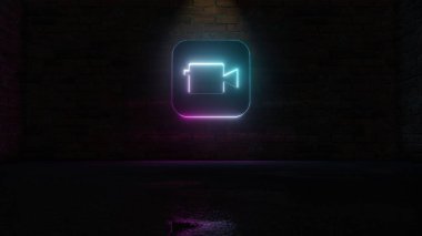 Kamera uygulama simgesinin 3D mavi menekşe neon görüntüsü tuğla duvarda