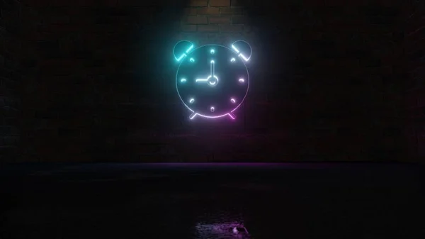 レンガの壁に目覚まし時計のアイコンの青紫色のネオンシンボルの3Dレンダリング — ストック写真