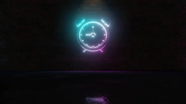 Representación 3D del símbolo de neón violeta azul del icono del reloj despertador en la pared de ladrillo —  Fotos de Stock