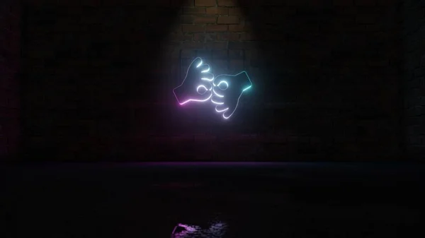 3D rendering of blue violet neon symbol of American sign language interpreting icon on brick wall — 스톡 사진