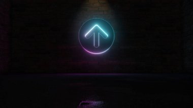 Mavi menekşe neon sembolünün 3D görüntülenmesi tuğla duvardaki daire simgesi