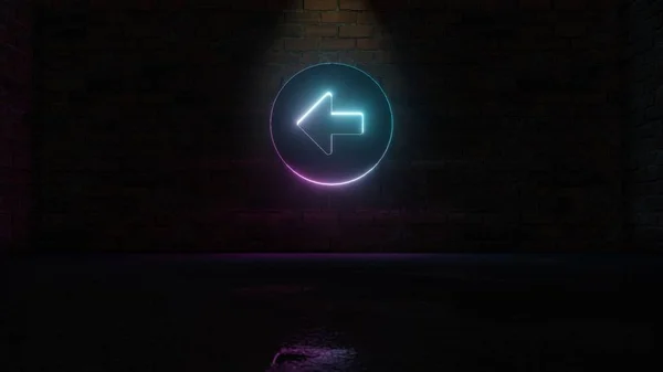 3D rendering of blue violet neon symbol of left arrow in circle icon on brick wall — 스톡 사진