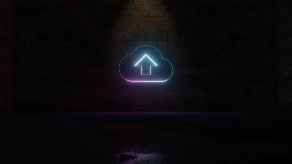 3D rendering of blue violet neon symbol of cloud upload icon on brick wall