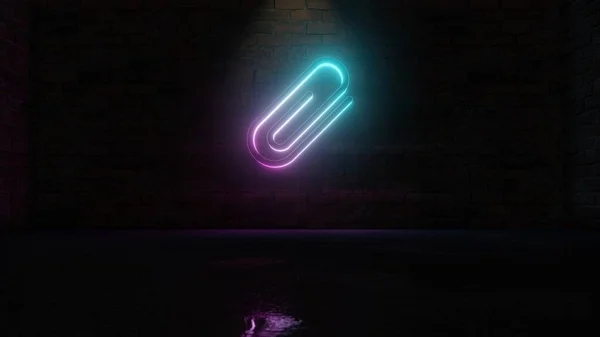 3D rendering of blue violet neon symbol of attachment icon on brick wall — ストック写真