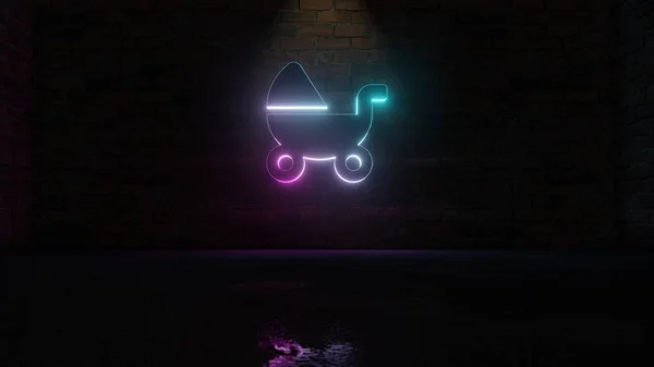 3D rendering of blue violet neon symbol of baby carriage icon on brick wall — 스톡 사진