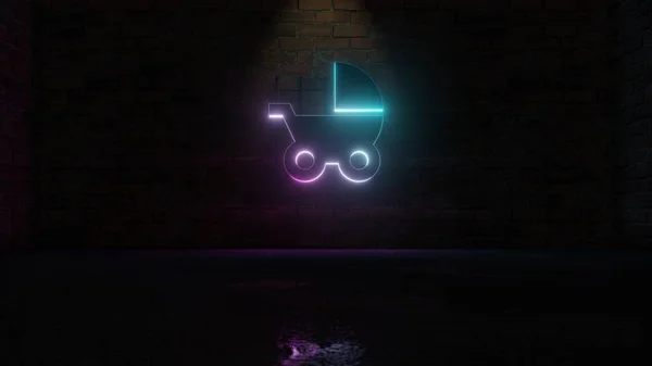 3D rendering of blue violet neon symbol of baby stroller icon on brick wall — ストック写真