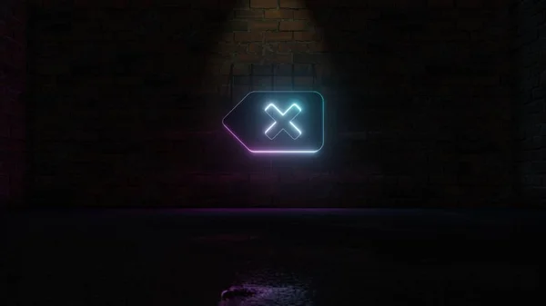 3D rendering of blue violet neon symbol of backspace icon on brick wall — ストック写真