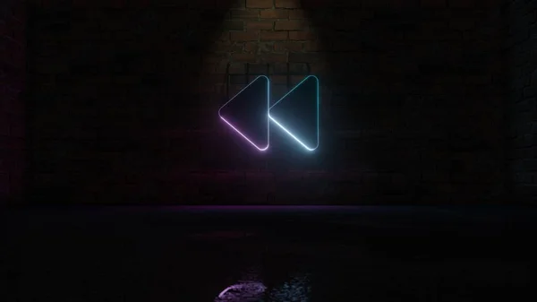 3D rendering of blue violet neon symbol of backward icon on brick wall — ストック写真