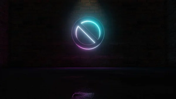 3D rendering of blue violet neon symbol of ban icon on brick wall — ストック写真