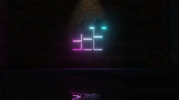 3D rendering of blue violet neon symbol of bar chart  icon on brick wall — ストック写真