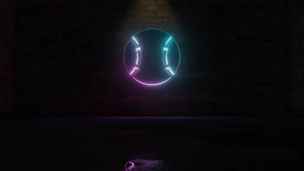 3D rendering of blue violet neon symbol of baseball ball icon on brick wall — ストック写真