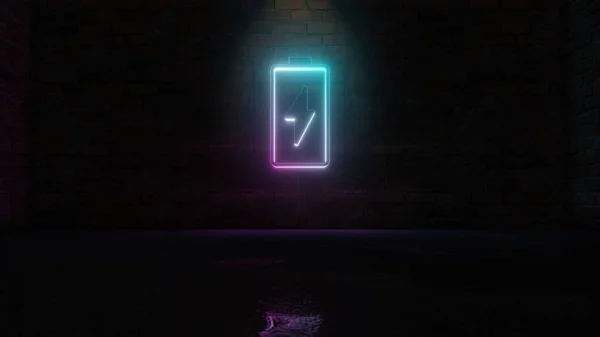 3D rendering of blue violet neon vertical symbol of charging empty battery icon on brick wall — ストック写真