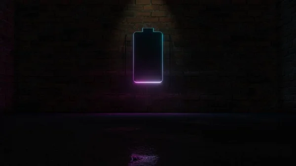 Rendu 3D de bleu violet néon symbole vertical de pleine icône de la batterie sur le mur de briques — Photo