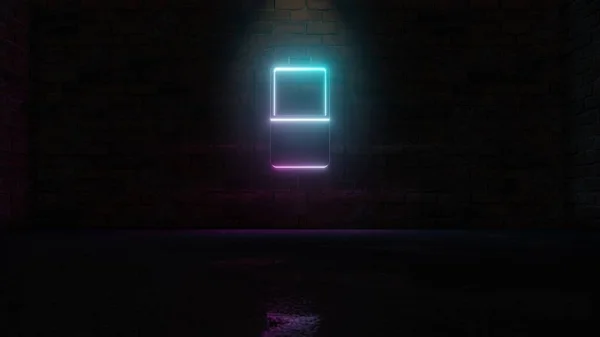 3D rendering of blue violet neon vertical symbol of half charged battery  icon on brick wall — ストック写真