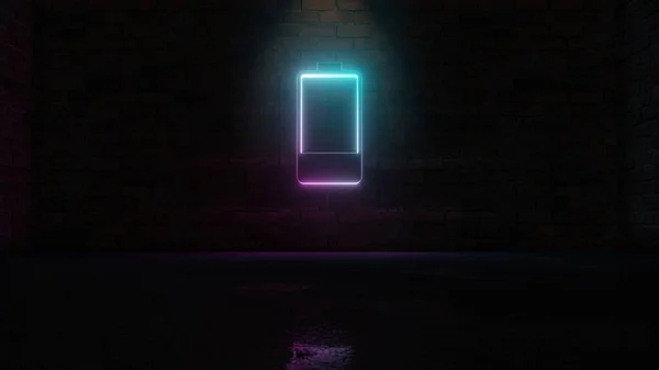 Redare 3D a simbolului vertical albastru violet neon al unei a patra pictograme a bateriei încărcate pe peretele de cărămidă — Fotografie, imagine de stoc