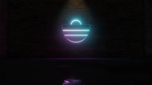 3D rendering of blue violet neon symbol of beach bag icon on brick wall — ストック写真