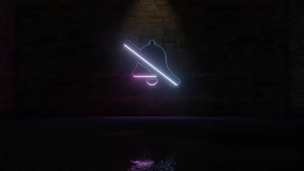 3D rendering of blue violet neon symbol of bell slash icon on brick wall — ストック写真