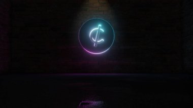 Tuğla duvardaki sentlik simgenin 3D mavi menekşe neon görüntüsü